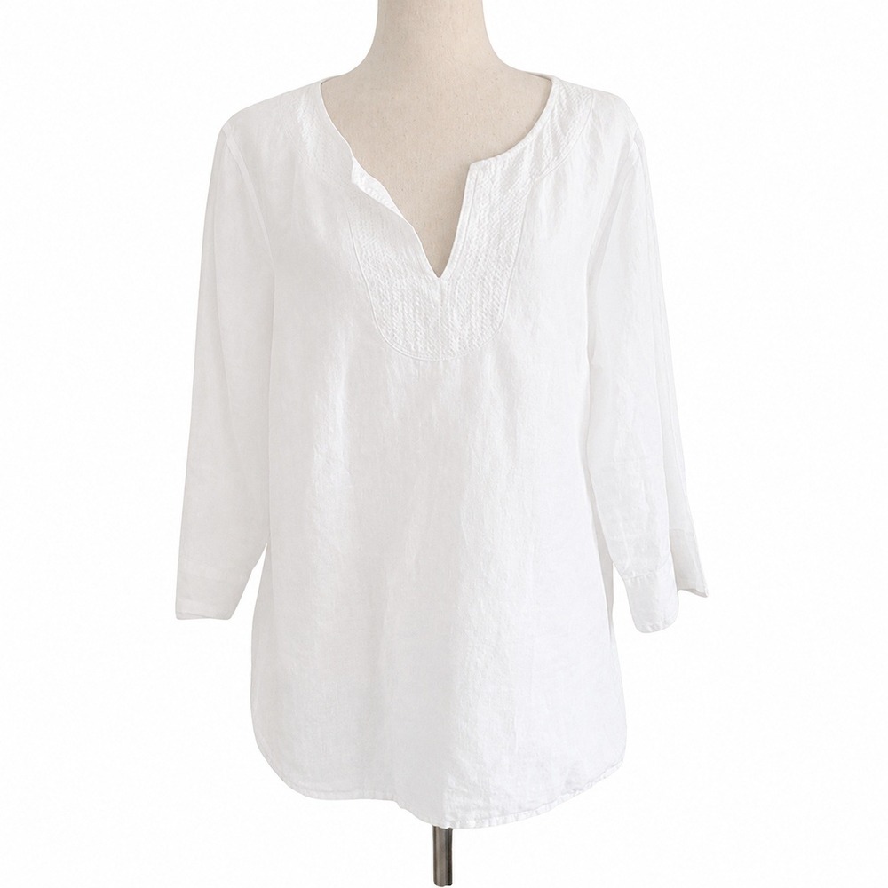 L.L.Bean Linen Blend Tunic Top XL White Embroidered Coastal Minimalist